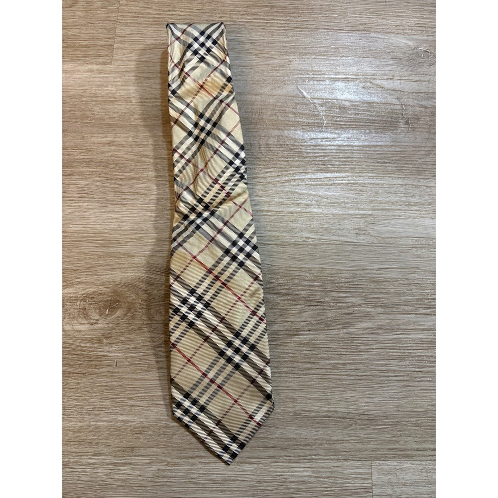 Burberry London Mens Nova Check Silk Necktie Beige Tan Plaid Made in Italy
